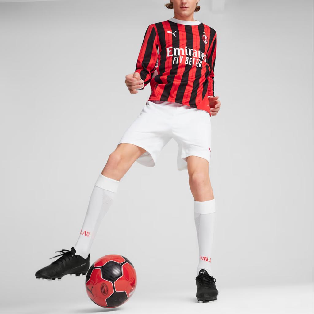Puma Sezóna 2024-25 Domácí fotbalový dres AC Milán s dlouhým rukávem a pruhovaným kulatým výstřihem Unisex Topy Červený 774959-01