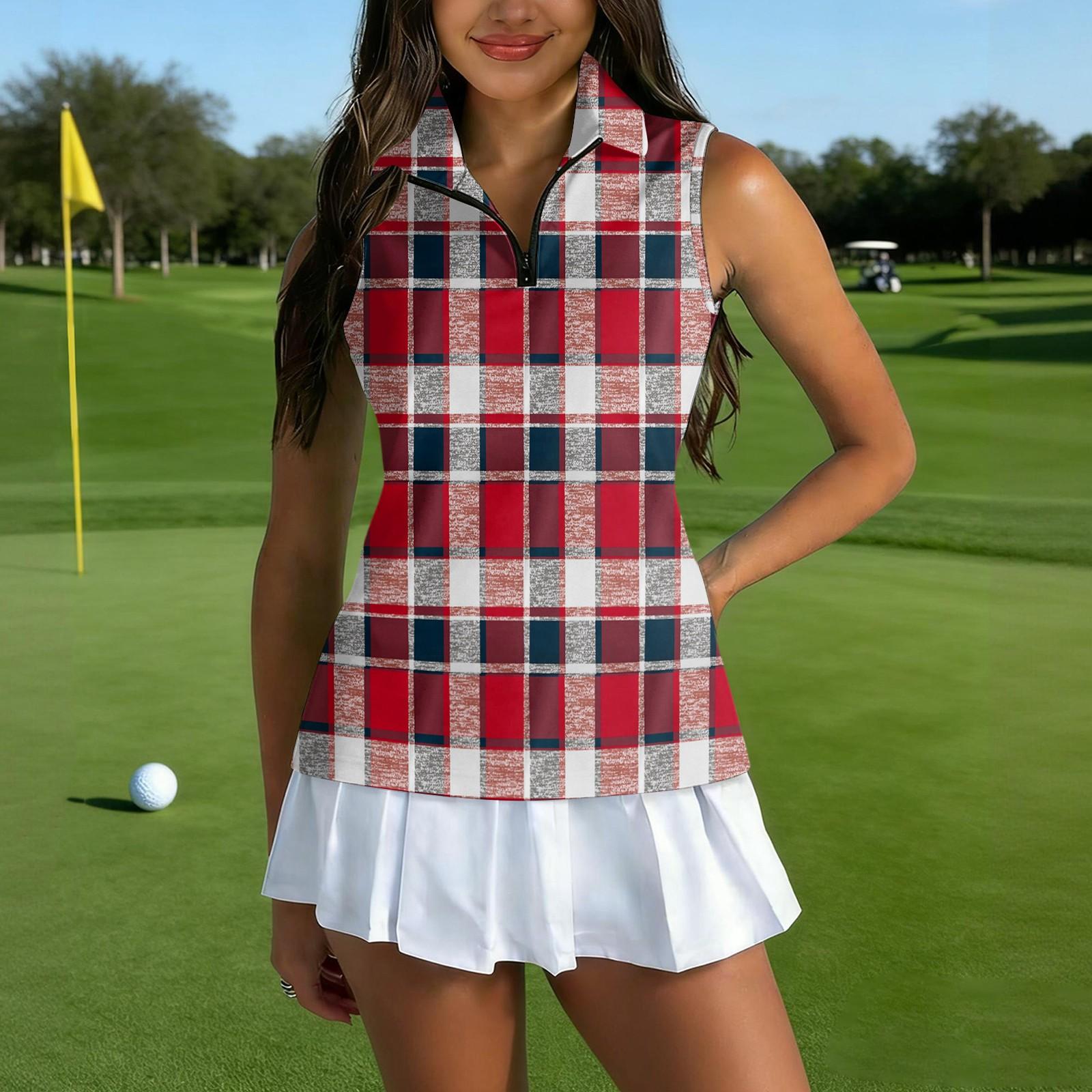

Women Sleeveless Golf Polo Shirt Zip Collar Plaid Print Athletic Tank Top for Sports and Outdoor Activities XXL красный