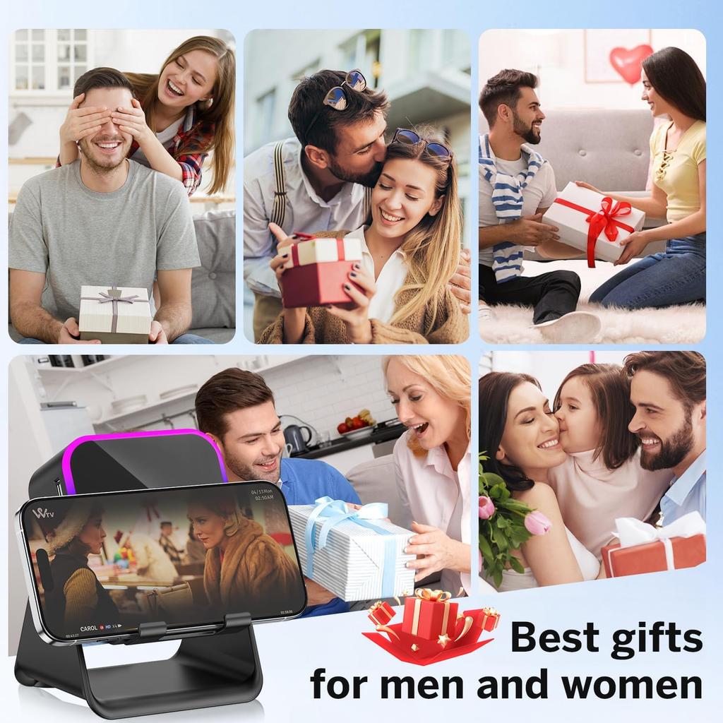5-in-1 Wireless Induction Bluetooth Speaker with Phone Stand, Stereo Sound, 3500mAh Battery, RGB Light, 360° Holder – Gift for Men & Women