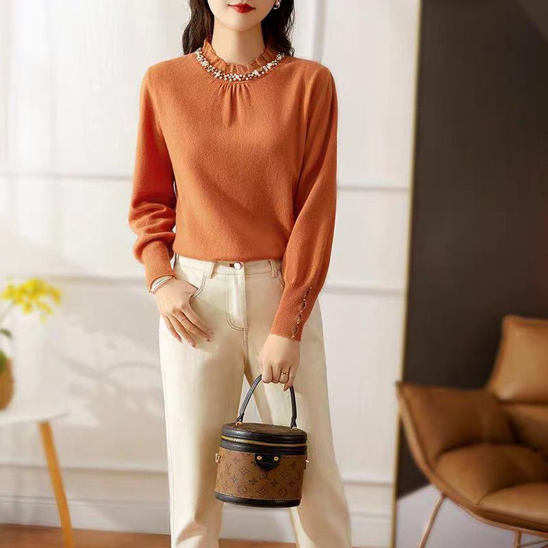 French Sweater Women's Half Turtleneck Beaded Knitted Sweater Women's Autumn and Winter Ruffle Fringed Long-sleeved Pullover