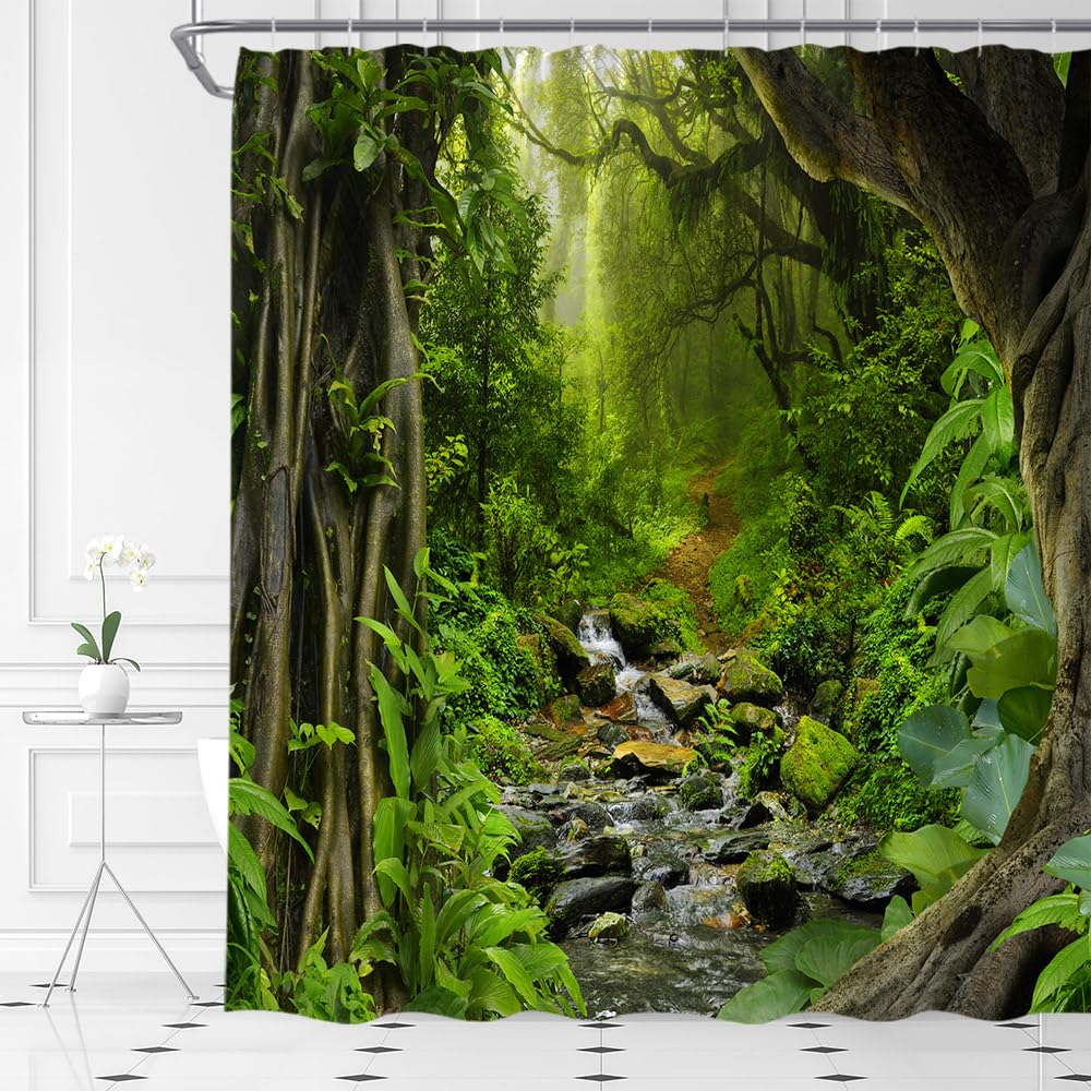

Jungle Shower Curtain Tropical Rainforest Palm Leaf Forest Tree Nature Summer Scenic Bathroom Decor Set With Hooks W60H190(CM)-1 Pcs