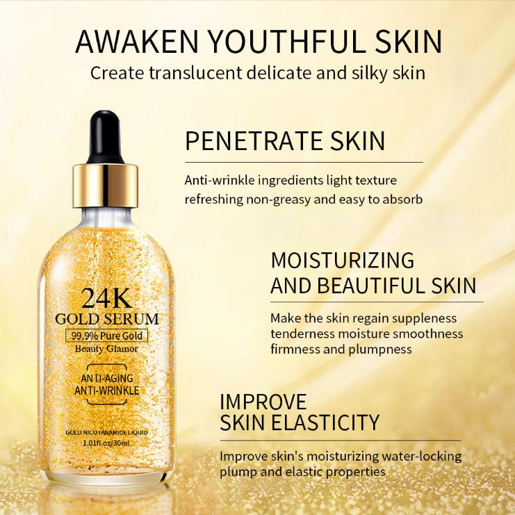 24K Gold Nicotinamide Serum - Anti-Aging & Hydrating Face Treatment, 99.9% Pure Gold + Niacinamide,Glowing, Firm & Plump Skin
