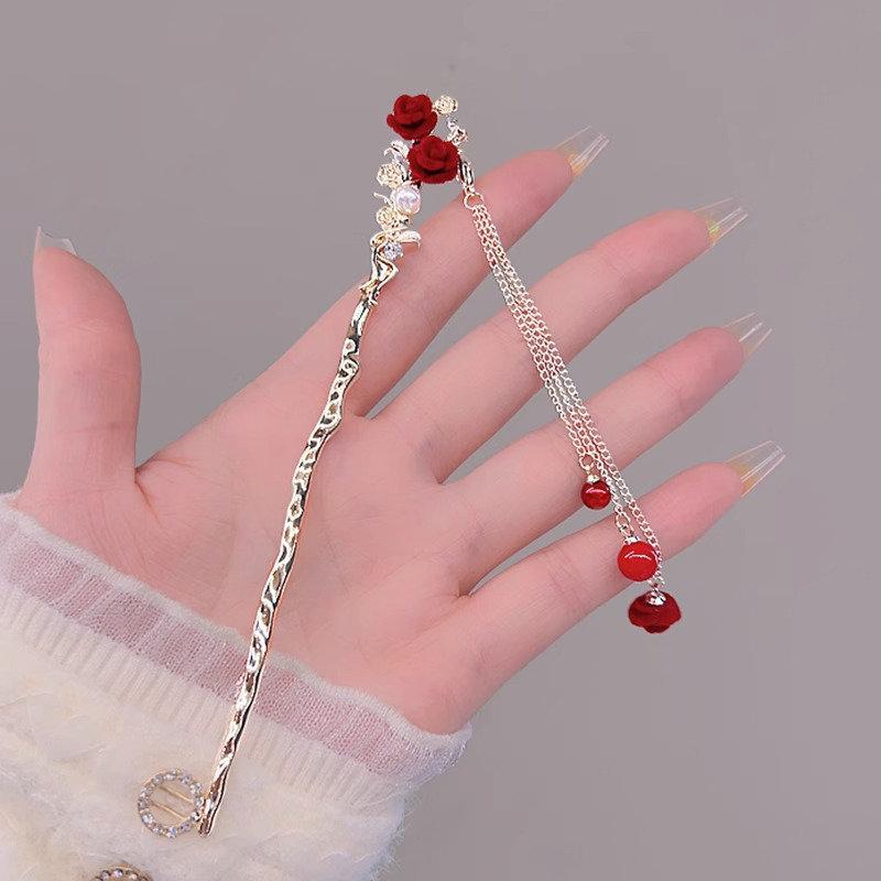Retro Roter Haarstab Chinesischer Stil Hanfu Quaste Frauen Blumen Essstäbchen Legierung Haarnadel Frau Schmuck Haarspange Accessoires