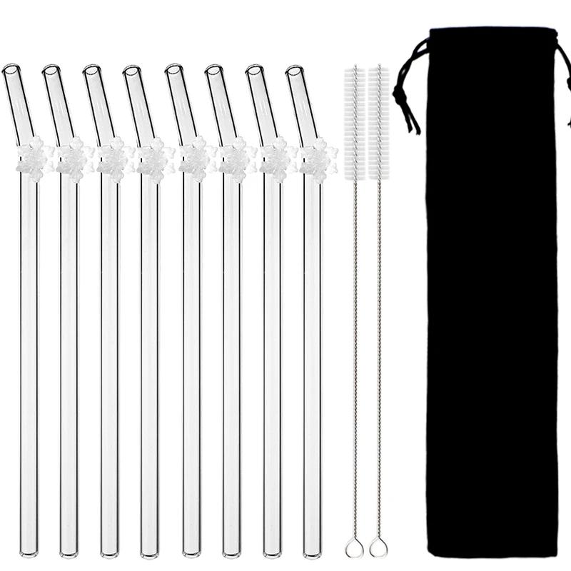 8Pcs Christmas Glass Straw Milk Tea Juice Cocktail Straw with Brush High Borosilicate Glass Straw Set Kitchen Bar Accessories