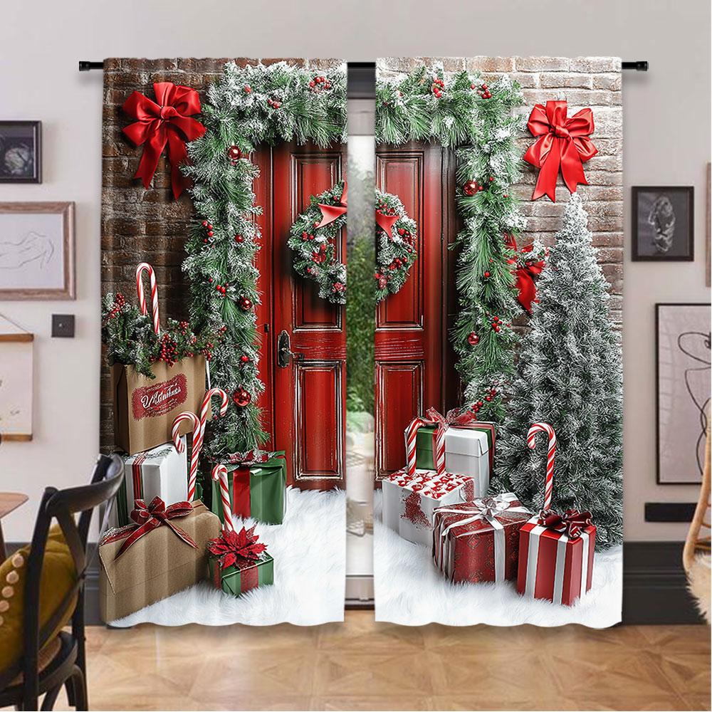 

Set Of 2 Christmas Curtains Brick Wall Wooden Door Tree Gift Decorative Xmas Suitable Bedroom Living Room Dining Curtain Polyester Perfect For Area W100*H70(CM)-Rod Pocket&2PCS