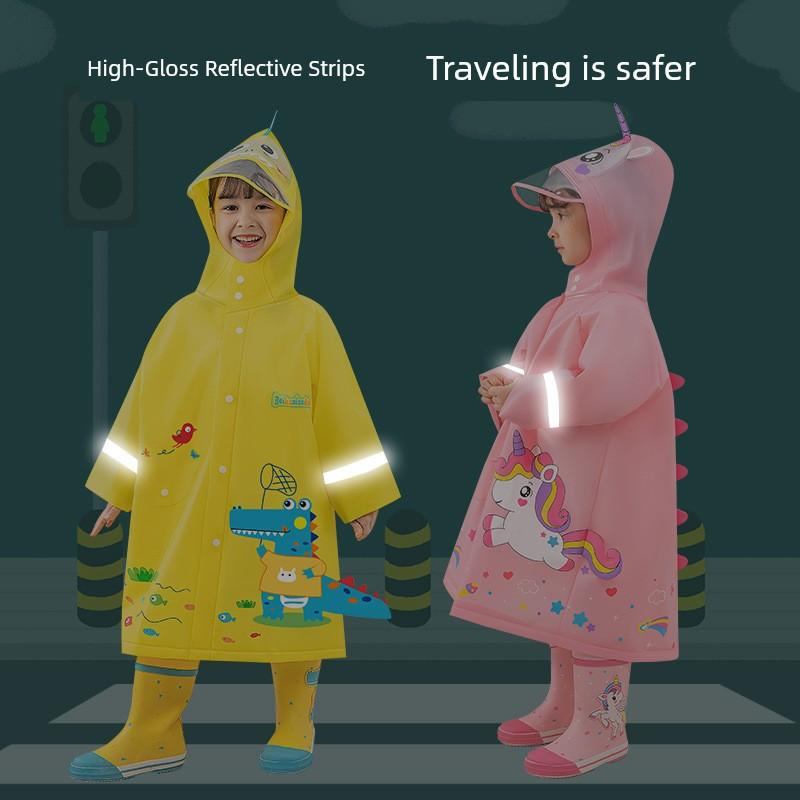 Kindergarten Eva Children's Raincoat Cartoon Cute Thickened Enlarged Brim Snap Button 3D Backpack Reflective Strip Unisex