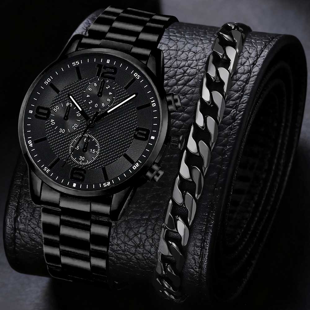 2/4PCS Black Men Watch Set Fashion Classic Three Eye Quartz Watch Jewelry Set Suitable for Daily Clothing Matching Perfect Gift