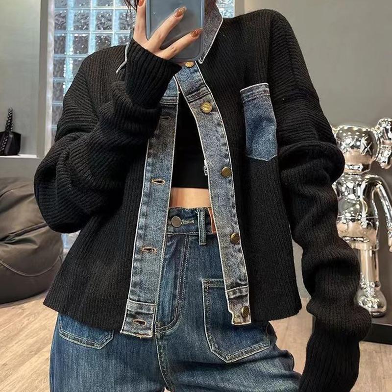Korean Style Design Loose Sweater Women's Autumn Denim Patchwork Knitted Top Jacket