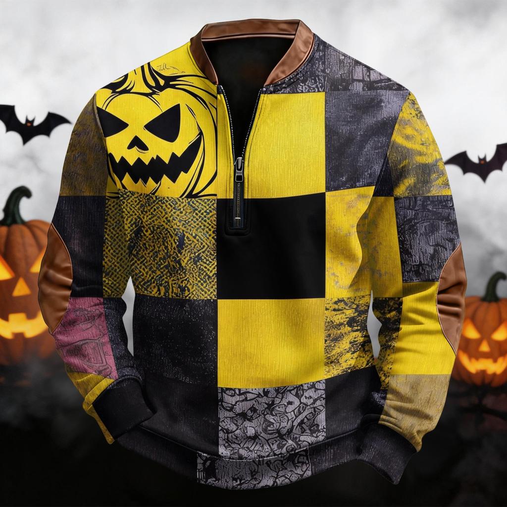 Men's Casual Retro Half Zip Long Sleeve Sweatshirt with Halloween Print