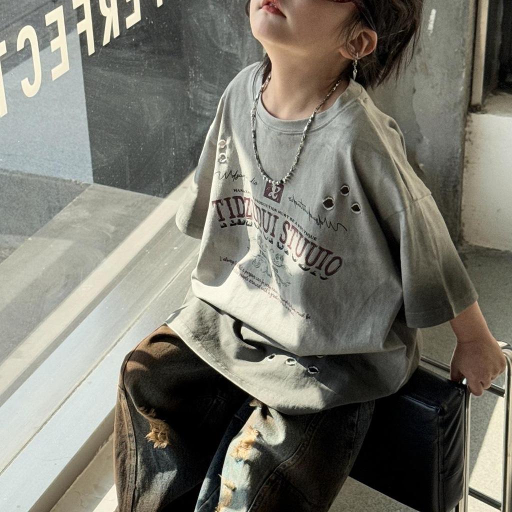 Summer 2025 Boys' Retro Spray-dyed Ripped Short Sleeve T-Shirt
