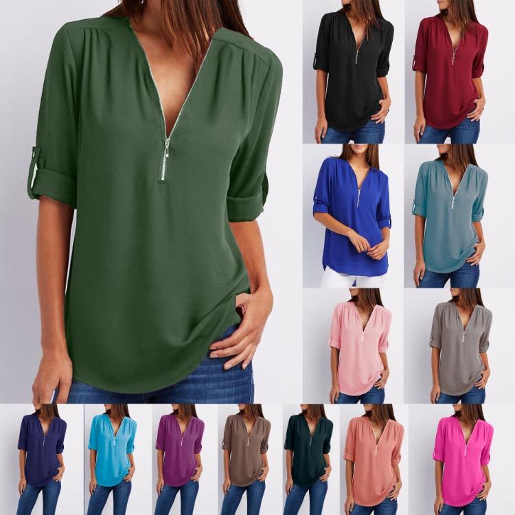 Loose Fit Women's Chiffon Shirt with Long Sleeves and V-neck Adjustable Zipper Plus Size