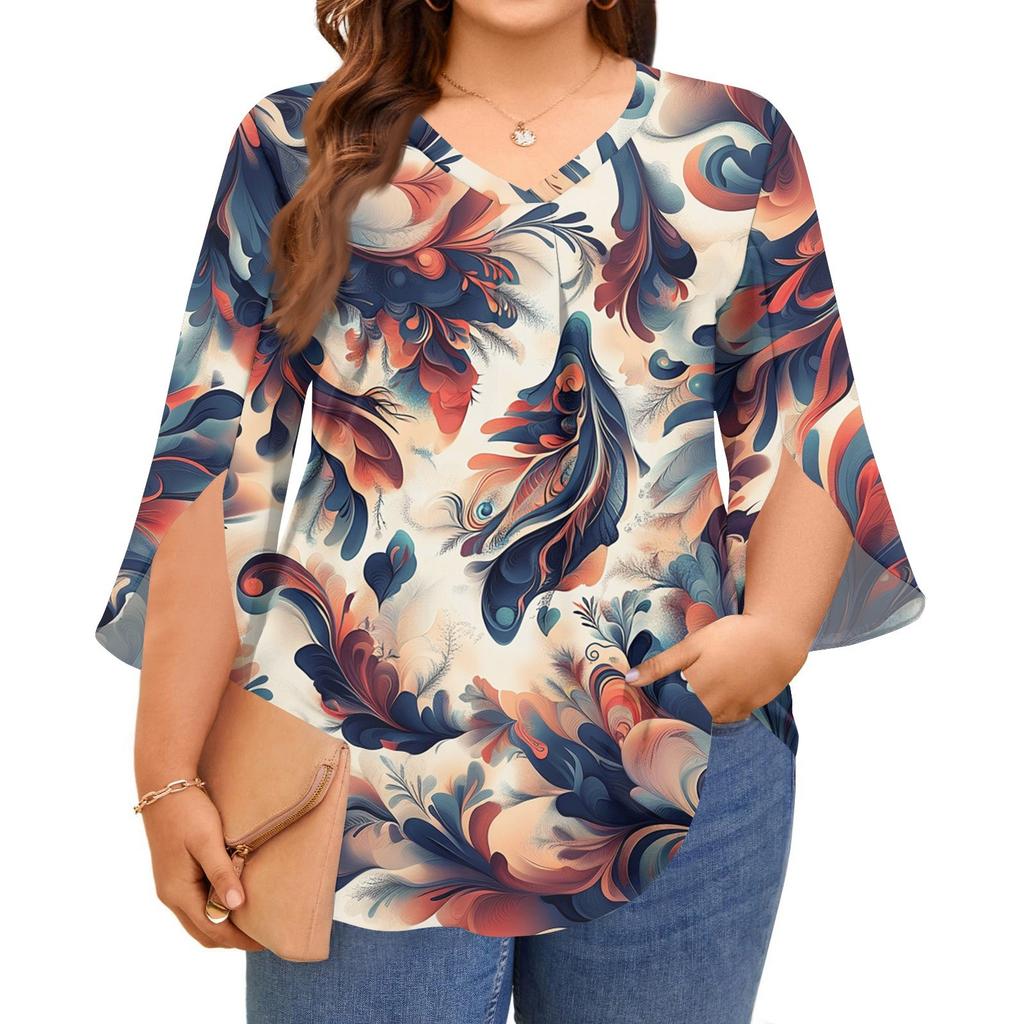 Women's Printing V-neck Plus Size Tops 3/4 Sleeves Elegant Shirt Tops