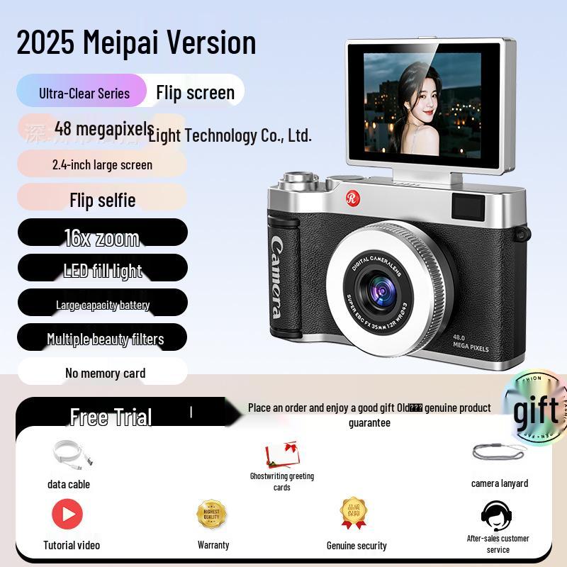 Retro Dual Camera with Flip Screen: HD Digital CCD Student Camera with Beauty Filters for Photos and Videos.