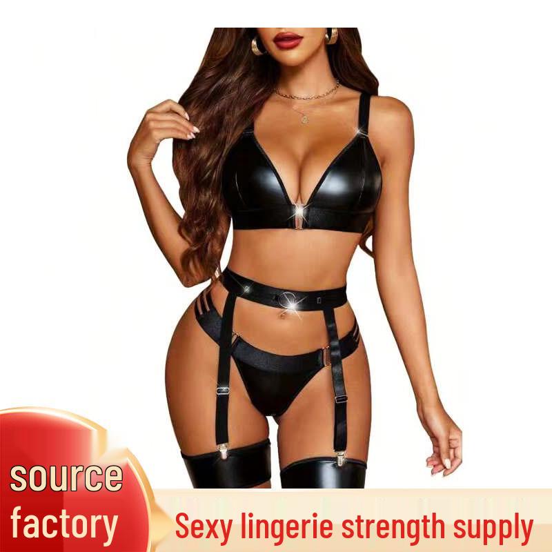 2025 Euro-American Nightclub Prom Queen PU Leather Garter Bra & Panties Sexy Lingerie Set