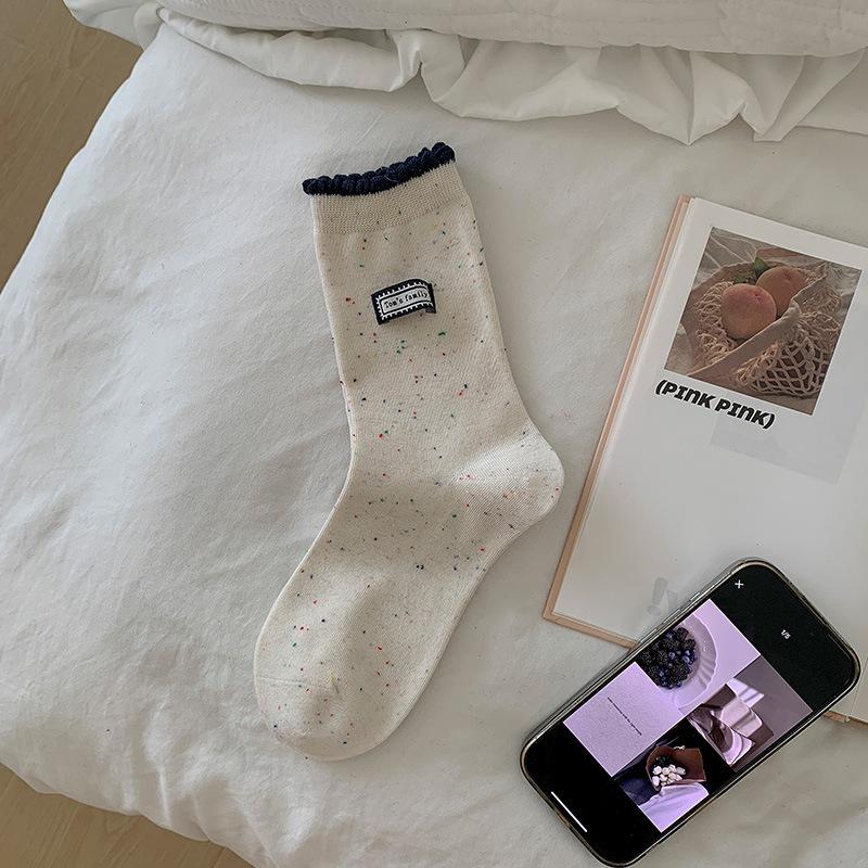 Damen Frühling und Herbst Idee Gaze Mark Streifen Spitze Mittelhohe Frotteesocken