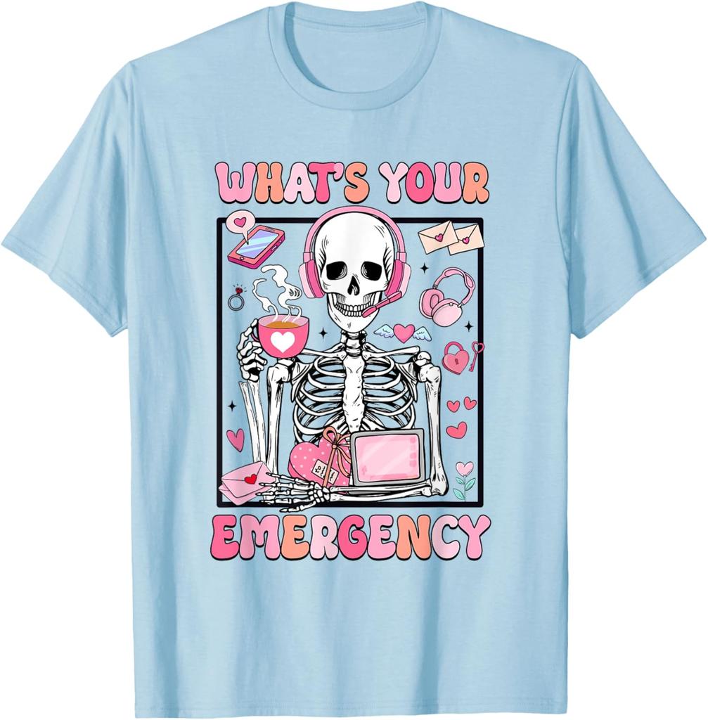 Skeleton Dispatcher Valentines Day Whats Your Emergency Graphic T-Shirt Men Casual Daily Cotton Tee