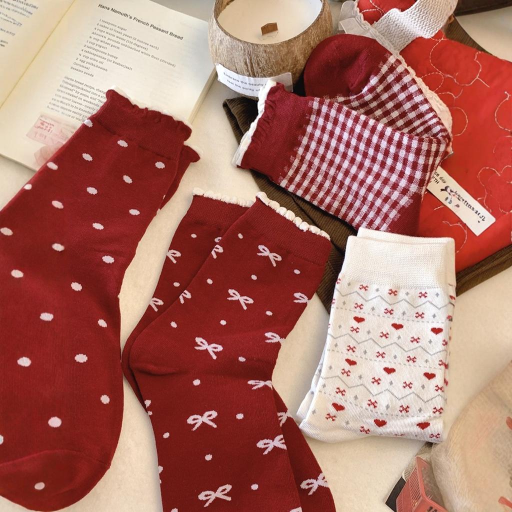 26 Year Of The Horse Red Socks Women'S Autumn And Winter New Japanese Bow Lace Cotton Socks Birthday New Year Red Stacking Socks