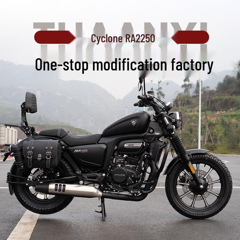 Zongshen Cyclone RA2 250S Motorcycle Accessories: Side Bags, Crash Bars, Drop Bars, Folding Backrest, Rear Rack.