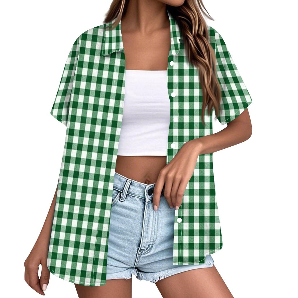 Women Casual Loose Short Sleeve Button Down Shirt Collar Plaid Checkered Blouse Summer Top Lightweight Breathable Fabric