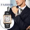 Men's Leather Watch, Seiko Replica: Square Dial, Hand-Wound, Stylish Roman Numeral Watch, Adjustable Leather Strap, Gold