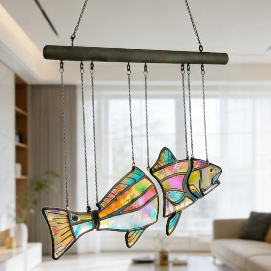 Handcrafted Stained Glass Fish Suncatcher Acrylic Fish Window Hanging Ornament Handmade Iridescent Fish Wind Chime for Patio Garden Home
