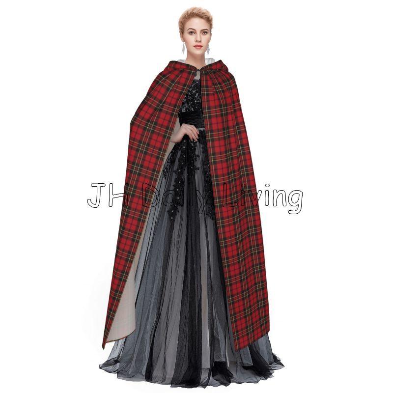 Red Tartan Checks Plaid Long Hooded Cloak Unisex Witch Party Reversible Hooded Women Vampires Cape
