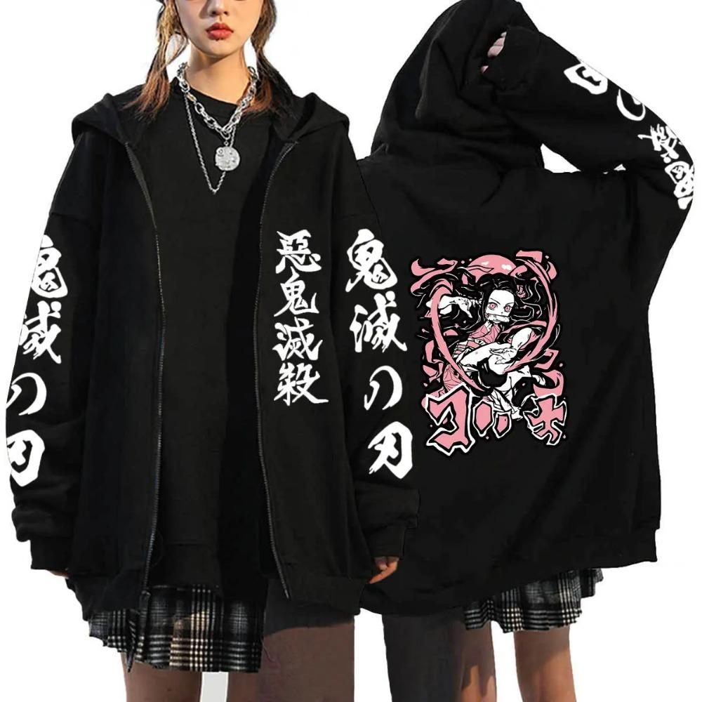 Demon Slayer Reißverschluss-Hoodie Herrenbekleidung Damen Herren Anime Übergroße Hoodies Mantel Oberteil Femme Sweatshirts Jacken mit durchgehendem Reißverschluss