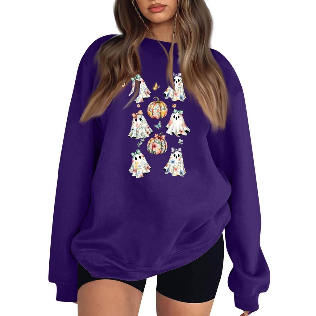 Women's Neck Long Sleeve Comfy Sweatshirt Casual Loose Fit Color Halloween Print Pullover
