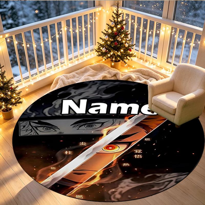 Custom Name Personalized Demon Slayer Print Round Rug, Versatile Home Decor Carpet, for Playroom, Apartment, Balcony, Entryway, Hallway Gift