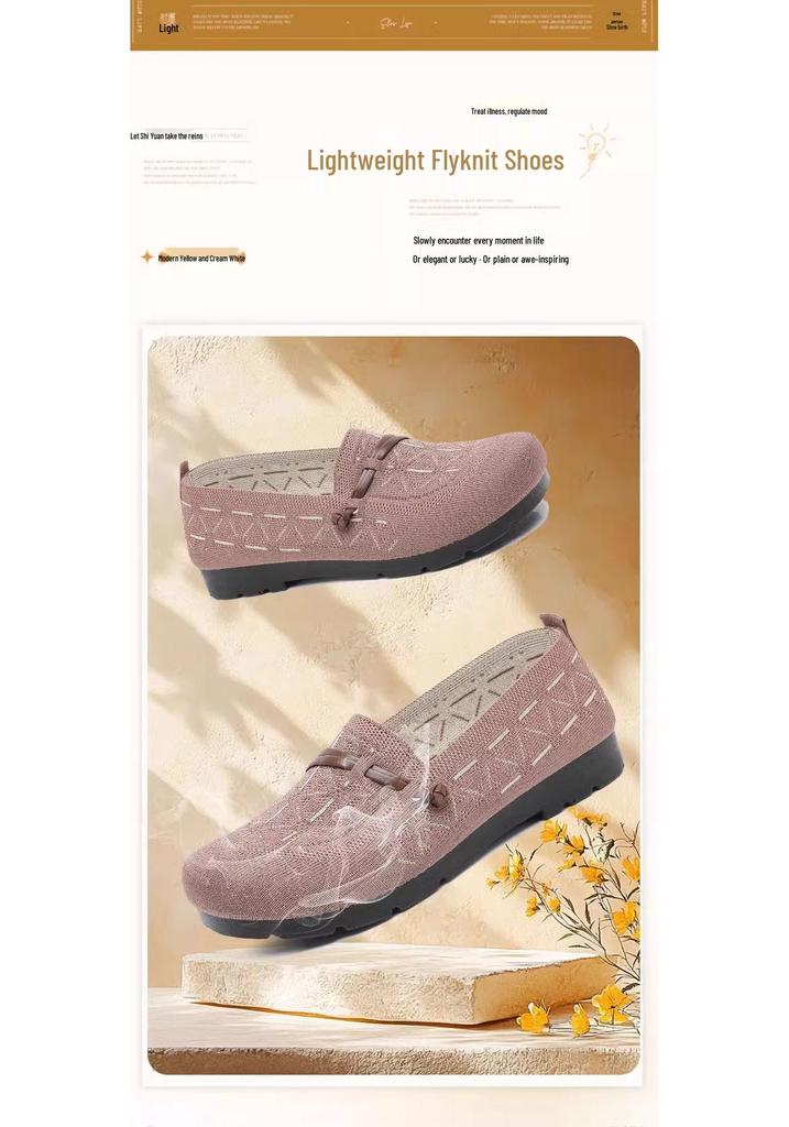 Spring/Summer 2025 Lightweight Slip-On Flyknit Flat Shoes for Middle-Aged & Elderly Women