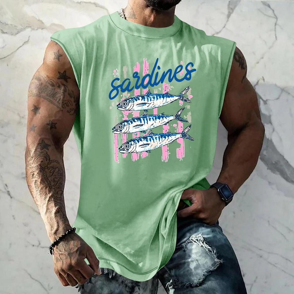 Pánské tílko s vtipným potiskem a retro texturou, volný střih, prodyšné, na letní sporty a streetwear, ležérní pro každodenní nošení