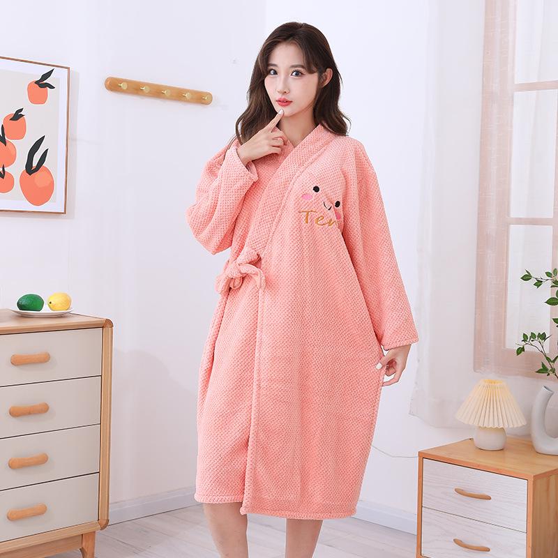 Women's Coral Fleece Bathrobe Set: Long Sleeve Bath Dress and Hair Drying Cap