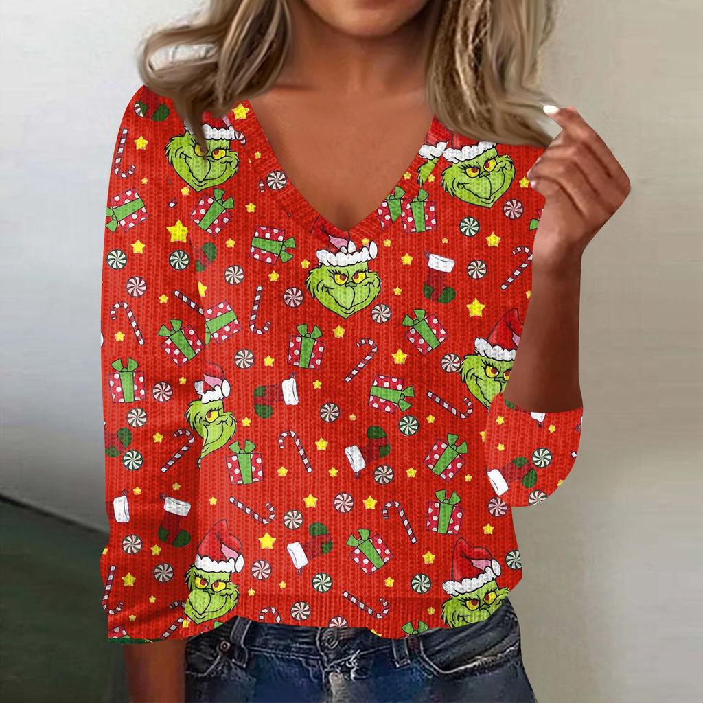 Women's Cute Sweatshirt Knitted Fashion Casual V-neck Long-sleeved  Cozy Print Top