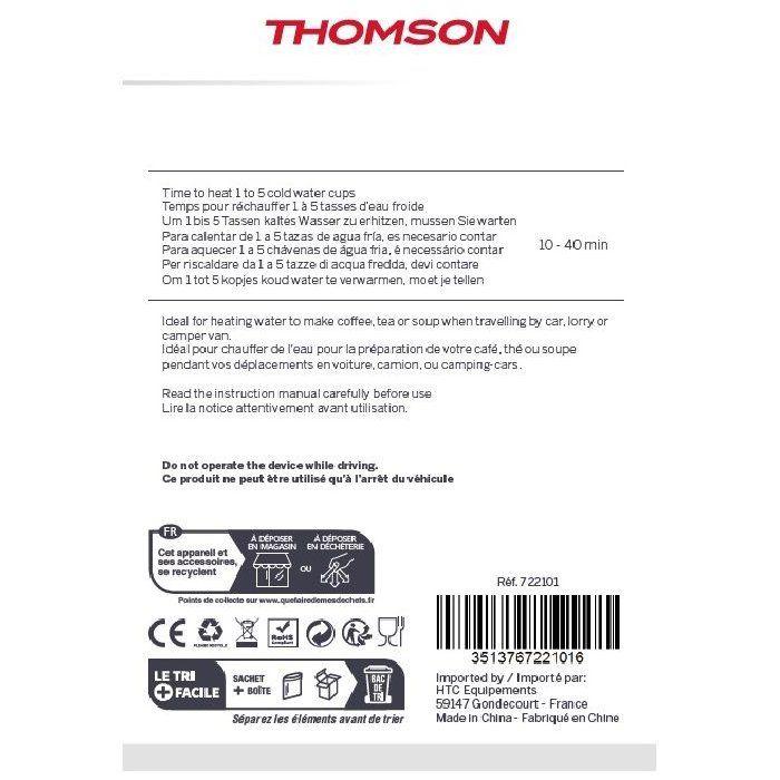 Bouilloire électrique THOMSON - 1,3L - 12V 170W - Avec cordon allume cigare de 0,75m