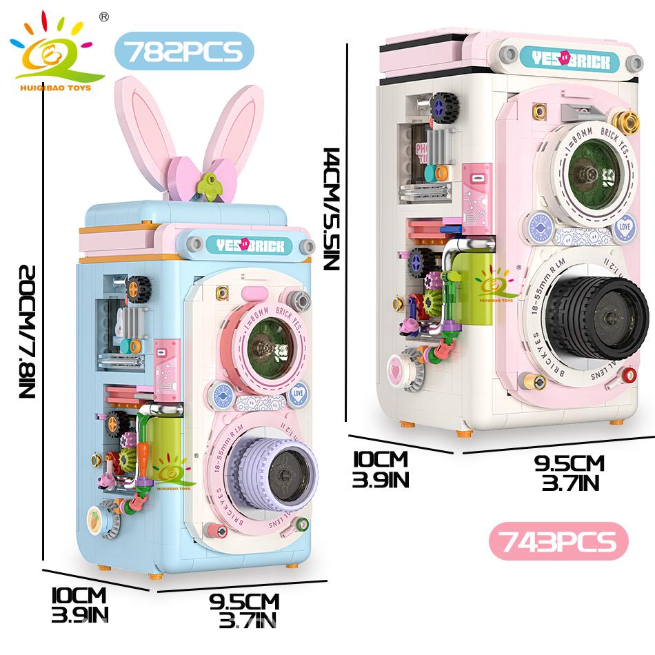 Moc Não Tóxico Vintage Coelho Cor de Doce Máquina de Câmera Mini Modelo Blocos de Construção Diy Micro Ornamento Tijolos Brinquedos Presente para Adulto