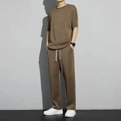 Men's  Summer Fashion Loose Large Size Ice Silk Suit Classic Crewneck Casual Solid Color High-quality Two-piece Set