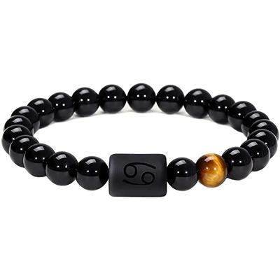 New Twelve Constellation Stretch Bracelet Male Simple Obsidian Engraved Couple Beaded Fashion Commuter Bangle Natural Stone