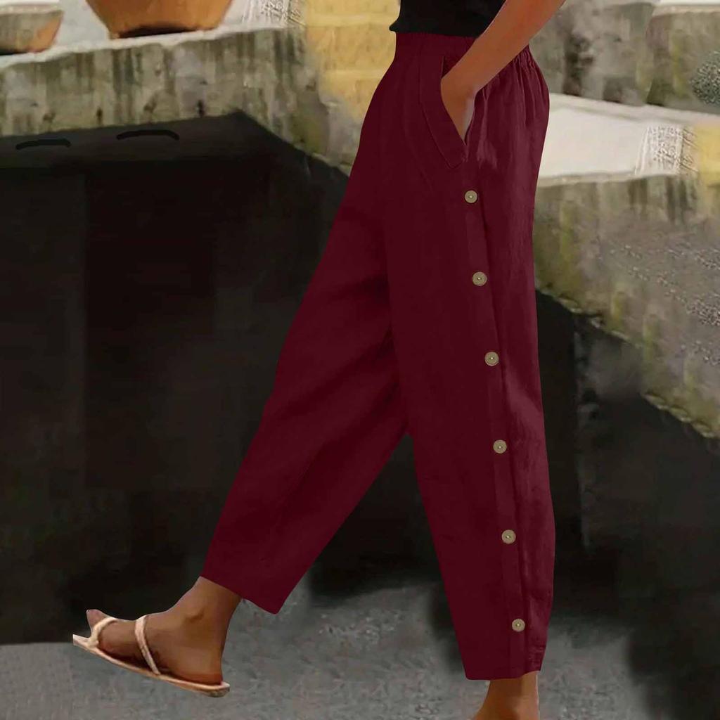 Women's Fashion Side-Button Pocket -Color Mid- Cotton-Linen Blend Relaxed-Fit Trousers