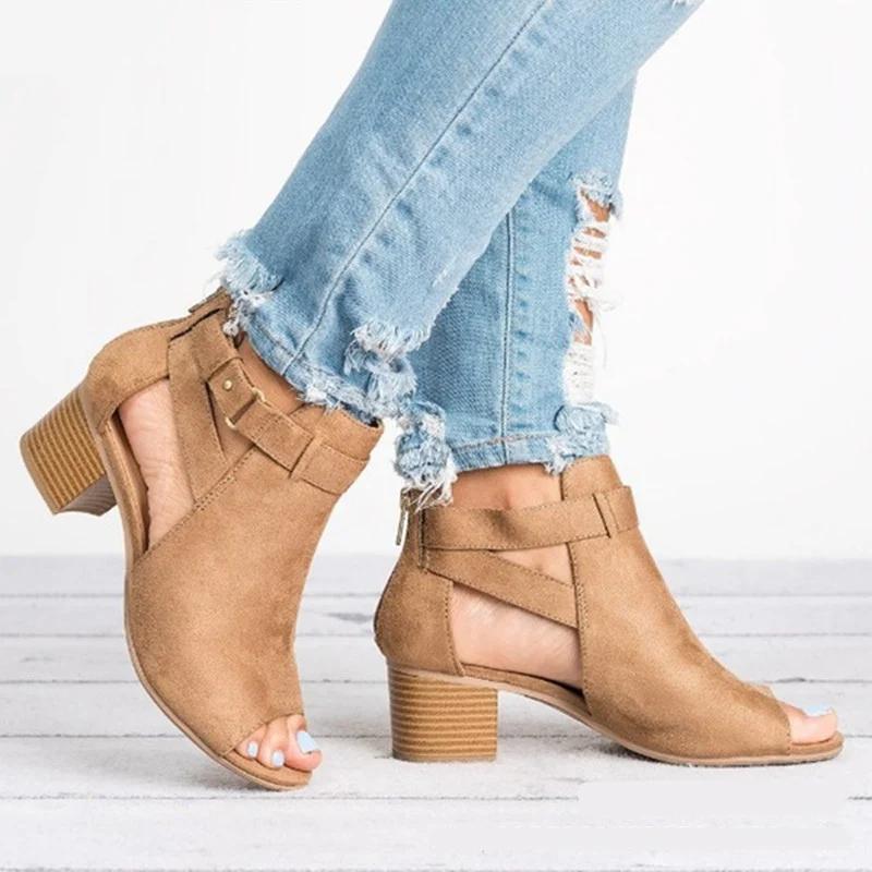 Sandali da donna con tacco alto e grosso, stile gladiatore, con punta aperta, neri, con fibbia e cerniera posteriore, sandali da donna
