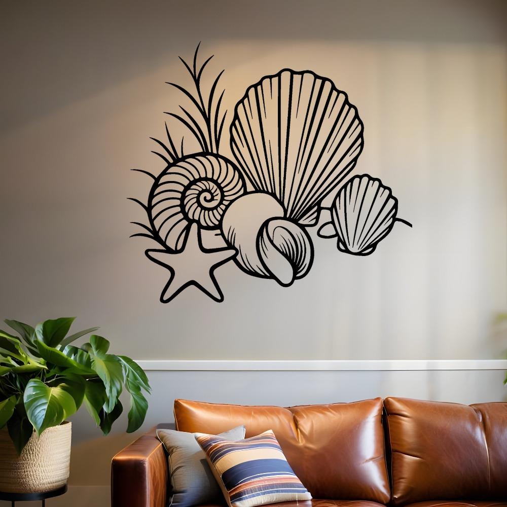 2D Large Laser Cut Iron Wall Art Floral Seashell Starfish Pattern, Heavy Duty Black Metal Rustic Look for Bathroom Living Room Decor, Gift for Women