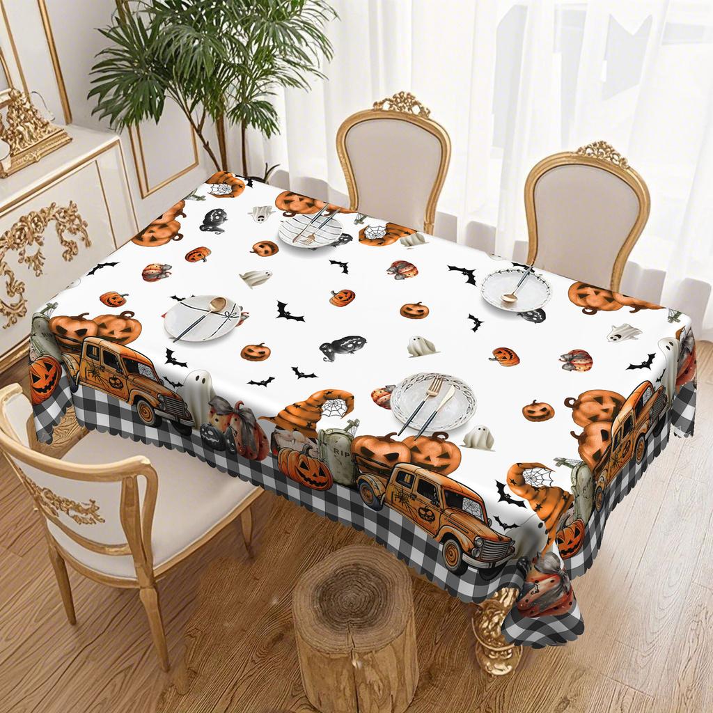 1-Piece Halloween Tablecloth, Grimace Pumpkin And Ghost Design - Black And White Checked Edge, Polyester Fabric