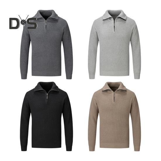 Men Fall Winter Sweater Lapel Loose Half Zipper Long Sleeves Mid Length Solid Color Retro Knitted Sweater