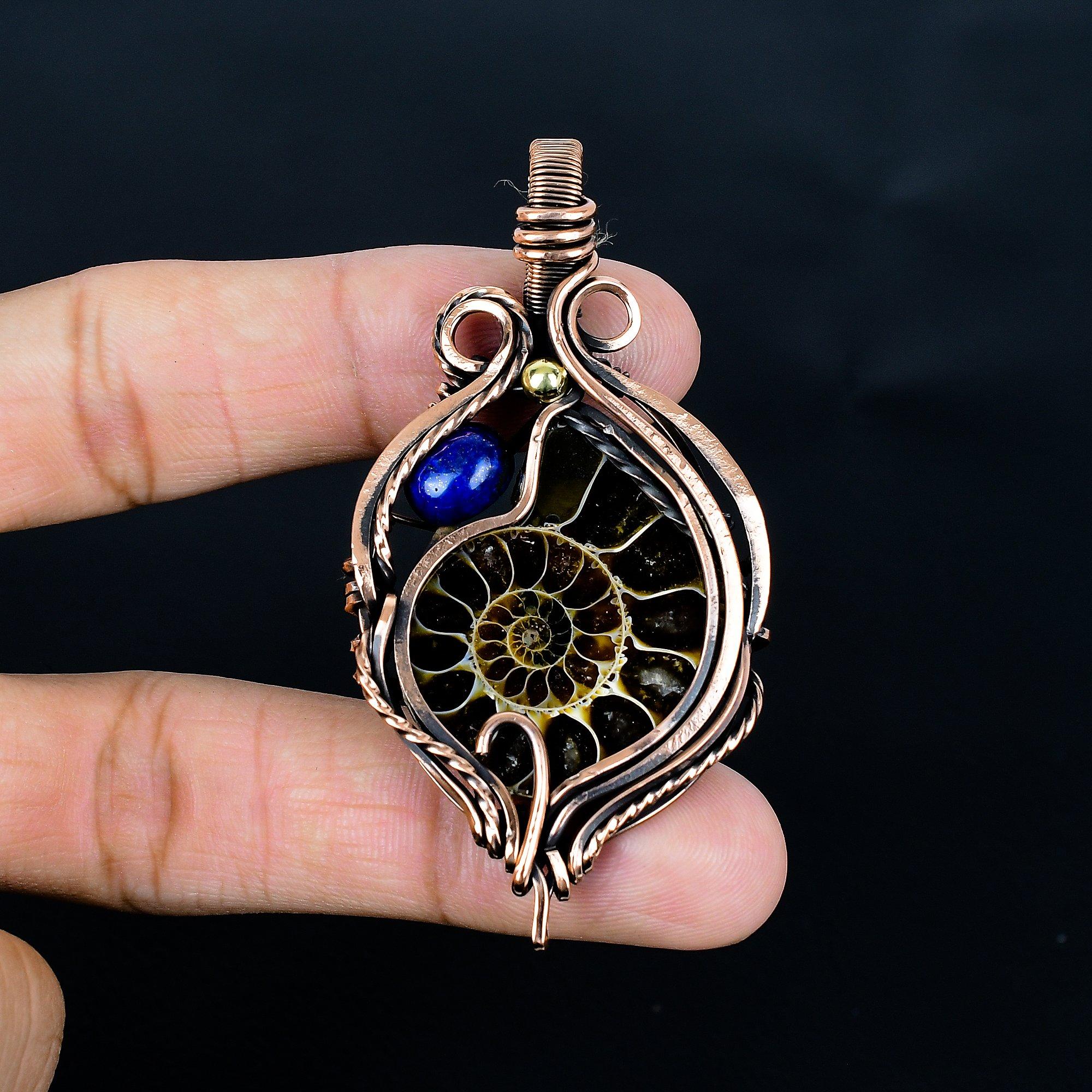 

Ammonite Fossil & Lapis Lazuli 999 Copper Wire Wrapped Pendant, Handmade Gemstone Jewelry Pendant For Memorial Day 2.55 Inches