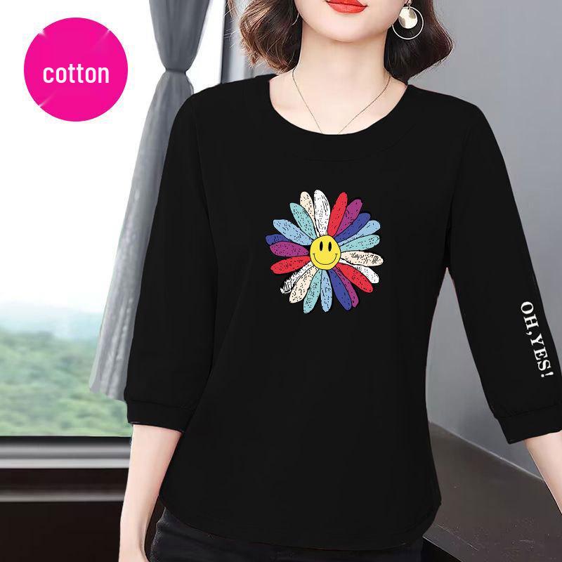 Women's Korean Style Summer 2025 Loose-Fit Cotton T-Shirt with Slimming Seven-Sleeve Design