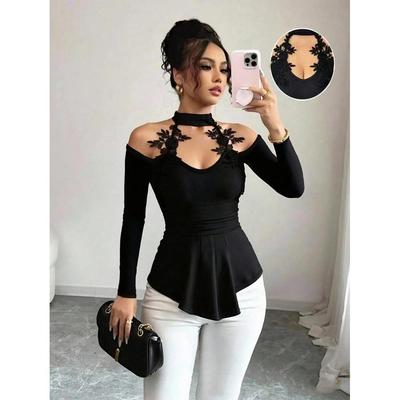 Women's Floral Lace Embroidered Cold Shoulder Elegant Tops Long Sleeve Dressy Casual Peplum Shirts