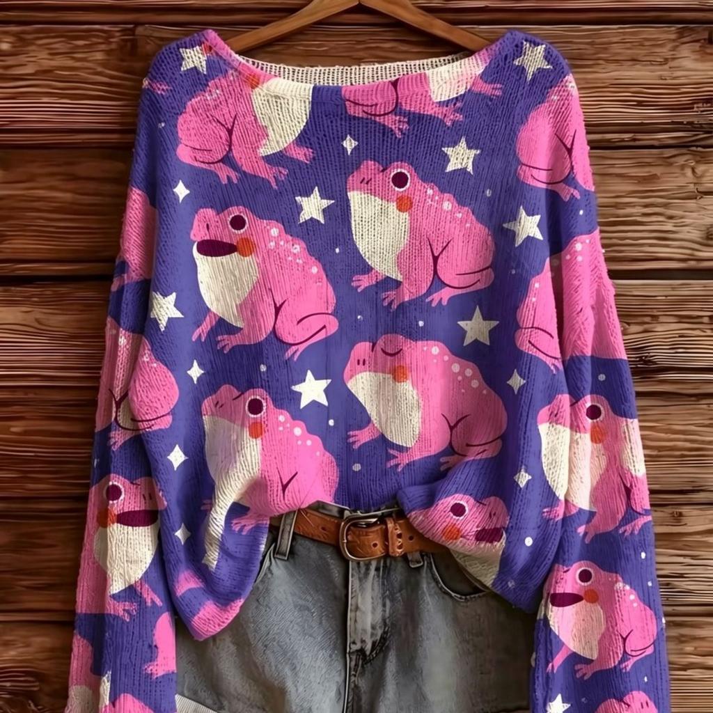Women's new purple bottom pink frog star pattern sweater Halloween Christmas atmosphere daily wear