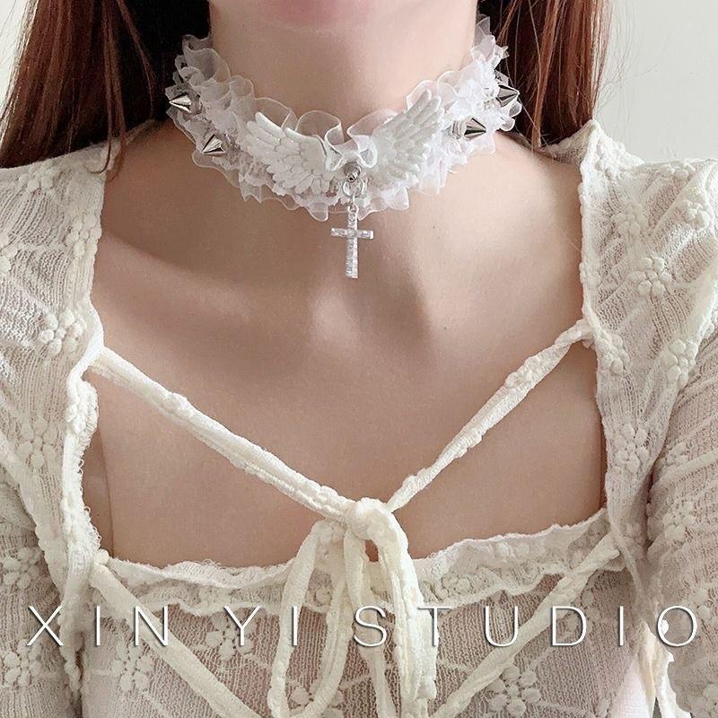 Angel Wings Lace Choker Necklace - Punk Rivet Collar Accessory for Women