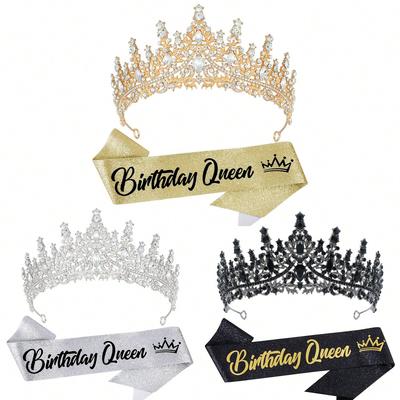 2Pcs Birthday Queen Tiara Crowns for Women Crystal Birthday Queen Headband Sash Elegant Princess Crown Birth Party Decorations