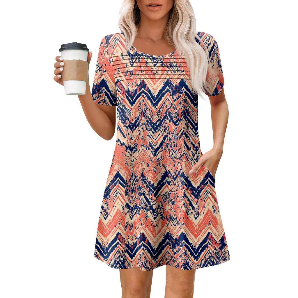 Damen Sommer Casual Rundhals Plissee Mit Taschen Bedruckte Kurzarmkleider