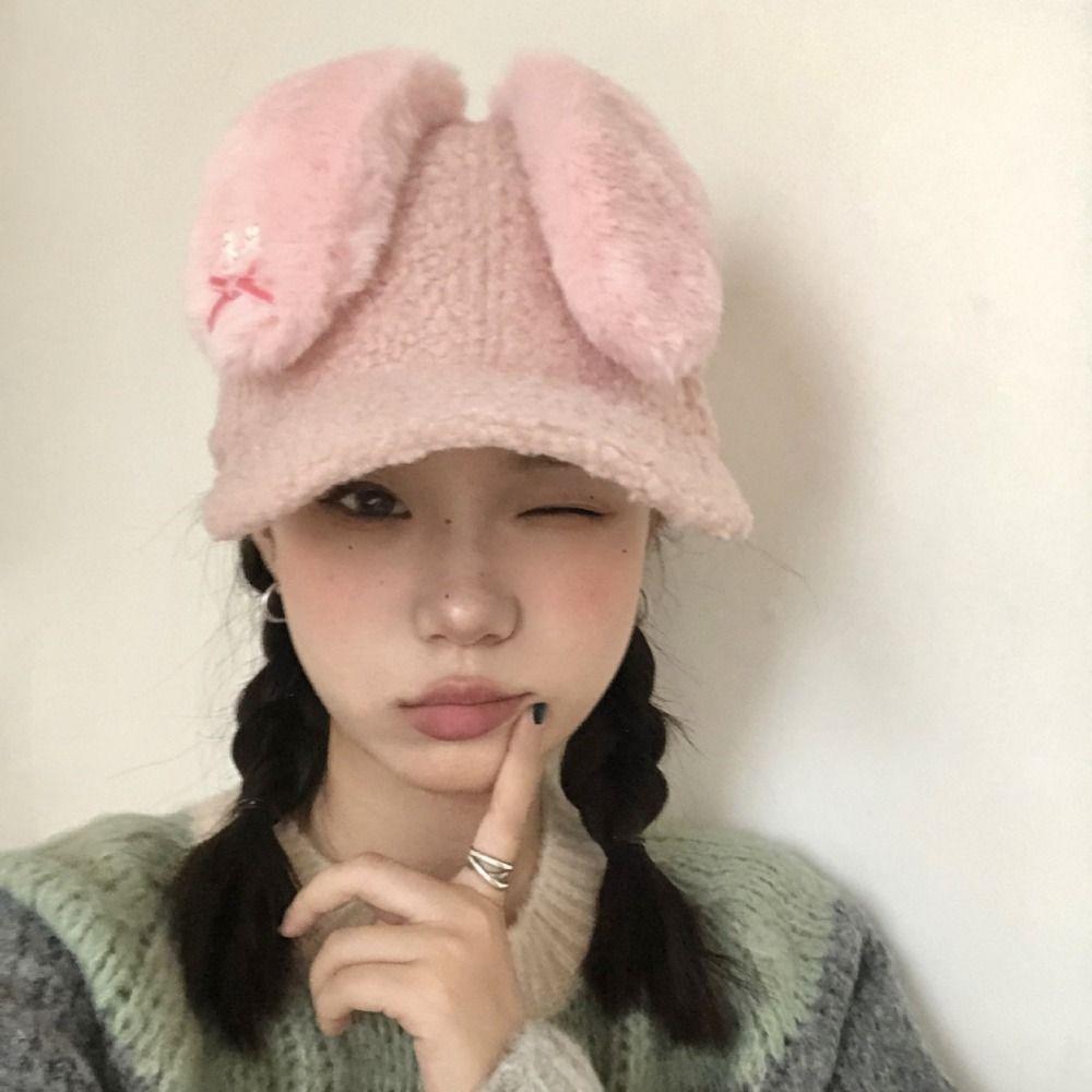 Lamb Fleece Y2k Rabbit Ear Hat Korean Peaked Cap Lovely Women's Baseball Hat  Female